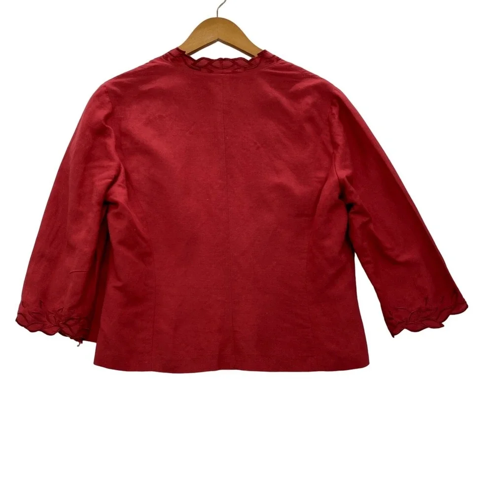 Adrianna Papell Jacket Womens 10 Red Linen Blend Open Front Embroidered - Picture 3 of 9